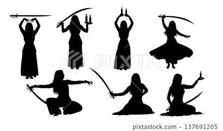 Black Solid Belly Dance Prop Silhouettes Set of Six on White Background 137691205
