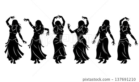 Black Solid Belly Dance Shimmy Silhouettes Set of Six on White Background 137691210