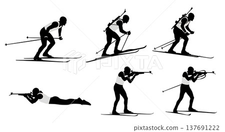 Black Solid Biathlon Athletes Silhouettes Set of Six on White Background Black Solid Biathlon Athletes Silhouettes Set of Six on White Background 137691222