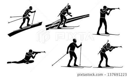 Black Solid Biathlon Athletes Silhouettes Set of Six on White Background 137691223