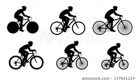 Black Solid Bicycles and Cyclists Silhouettes Set of Six on White Background 137691224