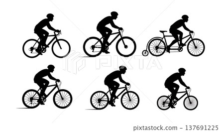 Black Solid Bicycles and Cyclists Silhouettes Set of Six on White Background 137691225