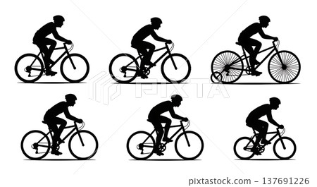 Black Solid Bicycles and Cyclists Silhouettes Set of Six on White Background 137691226