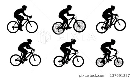Black Solid Bicycles and Cyclists Silhouettes Set of Six on White Background Black Solid Bicycles and Cyclists Silhouettes Set of Six on White Background 137691227