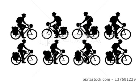 Black Solid Cycling Tourist Silhouettes Set of Six on White Background Black Solid Cycling Tourist Silhouettes Set of Six on White Background 137691229