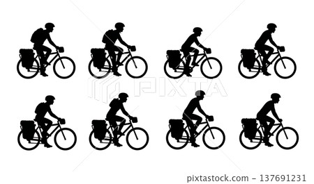 Black Solid Cycling Tourist Silhouettes Set of Six on White Background Black Solid Cycling Tourist Silhouettes Set of Six on White Background 137691231