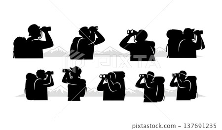 Black Solid Binocular Observation Silhouettes Set of Six on White Background Black Solid Binocular Observation Silhouettes Set of Six on White Background 137691235