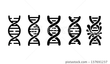 Black Solid Bio Genetic DNA Silhouettes Set of Six on White Background Black Solid Bio Genetic DNA Silhouettes Set of Six on White Background 137691237