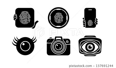 Black Solid Biometric Scanner Silhouettes Set of Six on White Background Black Solid Biometric Scanner Silhouettes Set of Six on White Background 137691244