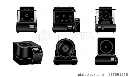 Black Solid Biotech Chamber Silhouettes Set of Six on White Background Black Solid Biotech Chamber Silhouettes Set of Six on White Background 137691256
