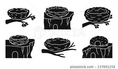 Collection of Six Black Solid Bird Nest Silhouettes Collection of Six Black Solid Bird Nest Silhouettes 137691258