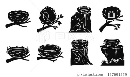 Collection of Six Black Solid Bird Nest Silhouettes Collection of Six Black Solid Bird Nest Silhouettes 137691259