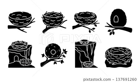 Collection of Six Black Solid Bird Nest Silhouettes Collection of Six Black Solid Bird Nest Silhouettes 137691260