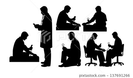 Black Solid Blood Pressure Check Silhouettes Set of Six on White Background Black Solid Blood Pressure Check Silhouettes Set of Six on White Background 137691266