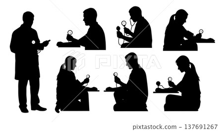 Black Solid Blood Pressure Check Silhouettes Set of Six on White Background Black Solid Blood Pressure Check Silhouettes Set of Six on White Background 137691267
