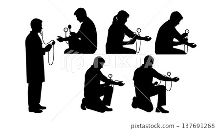 Black Solid Blood Pressure Check Silhouettes Set of Six on White Background 137691268