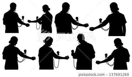 Black Solid Blood Pressure Check Silhouettes Set of Six on White Background Black Solid Blood Pressure Check Silhouettes Set of Six on White Background 137691269