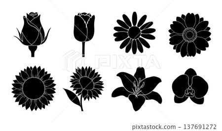 Black Solid Blooming Flowers Silhouettes Set of Six on White Background Black Solid Blooming Flowers Silhouettes Set of Six on White Background 137691272