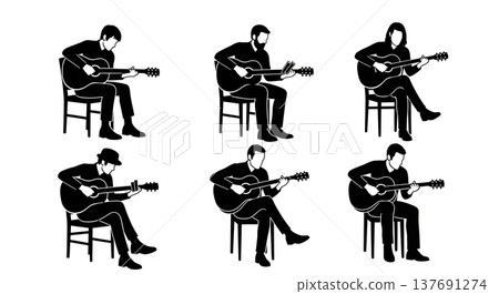 Black Solid Blues Musician Silhouettes Set of Six on White Background Black Solid Blues Musician Silhouettes Set of Six on White Background 137691274