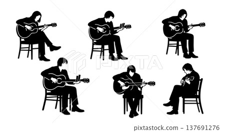 Black Solid Blues Musician Silhouettes Set of Six on White Background Black Solid Blues Musician Silhouettes Set of Six on White Background 137691276