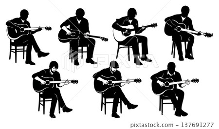 Black Solid Blues Musician Silhouettes Set of Six on White Background Black Solid Blues Musician Silhouettes Set of Six on White Background 137691277