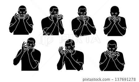 Black Solid Harmonica Player Silhouettes Set of Six on White Background Black Solid Harmonica Player Silhouettes Set of Six on White Background 137691278
