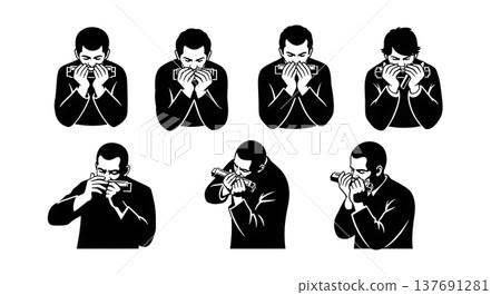 Black Solid Harmonica Player Silhouettes Set of Six on White Background Black Solid Harmonica Player Silhouettes Set of Six on White Background 137691281