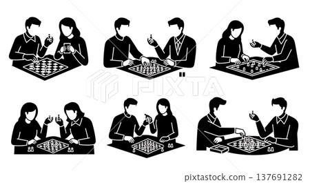 Black Solid Board Game Players Silhouettes Set of Six on White Background Black Solid Board Game Players Silhouettes Set of Six on White Background 137691282