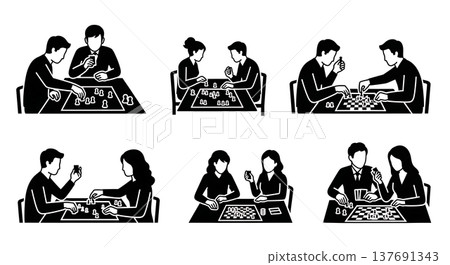 Black Solid Board Game Players Silhouettes Set of Six on White Background 137691343