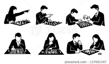 Black Solid Board Game Players Silhouettes Set of Six on White Background Black Solid Board Game Players Silhouettes Set of Six on White Background 137691347