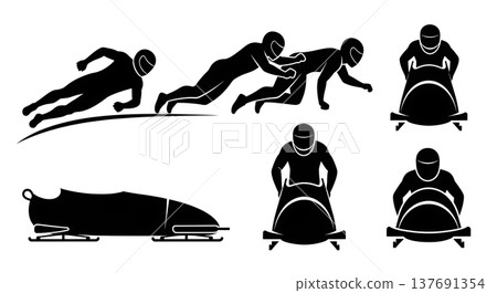Black Solid Bobsled Teams Silhouettes Set of Six on White Background 137691354