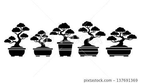 Collection of Six Black Solid Bonsai Tree Silhouettes in Pots 137691369