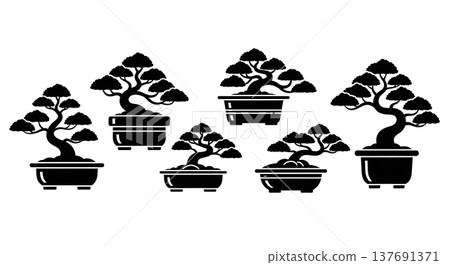 Collection of Six Black Solid Bonsai Tree Silhouettes in Pots Collection of Six Black Solid Bonsai Tree Silhouettes in Pots 137691371