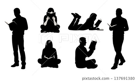 Black Solid Book Readers Silhouettes Set of Six on White Background Black Solid Book Readers Silhouettes Set of Six on White Background 137691380