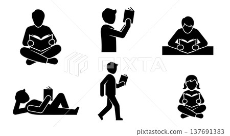 Black Solid Book Readers Silhouettes Set of Six on White Background 137691383