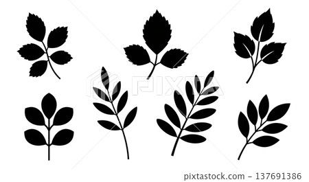 Black Solid Botanical Stem Silhouettes Set of Six on White Background 137691386