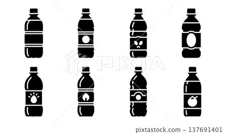 Black Solid Bottled Water Silhouettes Set of Six on White Background 137691401