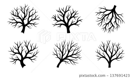 Black Solid Branching Vein Silhouettes Set of Six on White Background Black Solid Branching Vein Silhouettes Set of Six on White Background 137691423