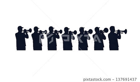Black Solid Horn Section Silhouettes Set of Six on White Background Black Solid Horn Section Silhouettes Set of Six on White Background 137691437