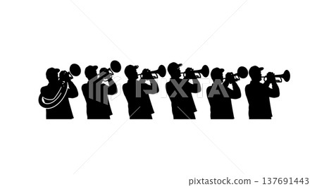 Black Solid Horn Section Silhouettes Set of Six on White Background Black Solid Horn Section Silhouettes Set of Six on White Background 137691443