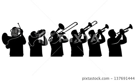 Black Solid Horn Section Silhouettes Set of Six on White Background Black Solid Horn Section Silhouettes Set of Six on White Background 137691444