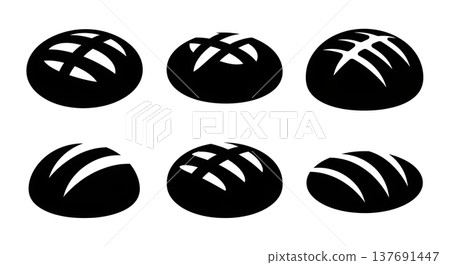 Black Solid Fresh Bread Loaves Silhouettes Set of Six on White Background Black Solid Fresh Bread Loaves Silhouettes Set of Six on White Background 137691447
