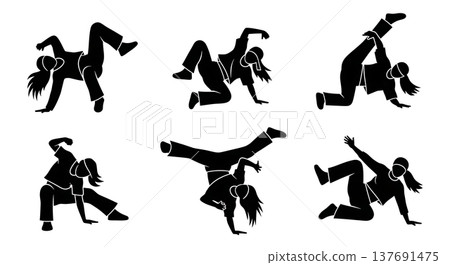 Black Solid B-Girl Silhouettes Set of Six on White Background Black Solid B-Girl Silhouettes Set of Six on White Background 137691475