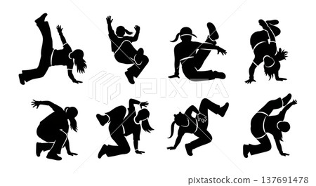 Black Solid B-Girl Silhouettes Set of Six on White Background Black Solid B-Girl Silhouettes Set of Six on White Background 137691478