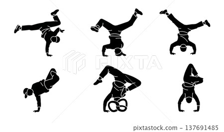 Black Solid Breakdance Freeze Silhouettes Set of Six on White Background Black Solid Breakdance Freeze Silhouettes Set of Six on White Background 137691485