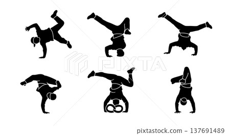 Black Solid Breakdance Freeze Silhouettes Set of Six on White Background 137691489