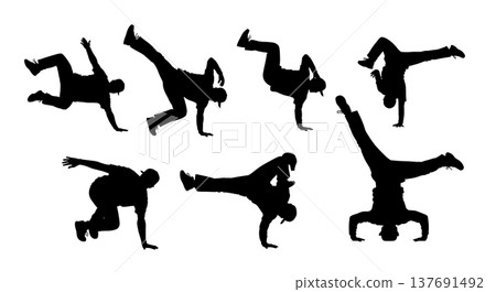 Black Solid Breakdance Freeze Silhouettes Set of Six on White Background Black Solid Breakdance Freeze Silhouettes Set of Six on White Background 137691492