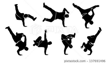 Black Solid Hand-Balance Breakdance Silhouettes Set of Six on White Background 137691496