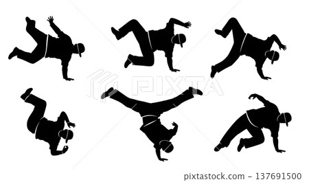 Black Solid Hand-Balance Breakdance Silhouettes Set of Six on White Background Black Solid Hand-Balance Breakdance Silhouettes Set of Six on White Background 137691500