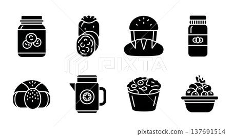 Black Solid Breakfast Silhouettes Set of Six on White Background Black Solid Breakfast Silhouettes Set of Six on White Background 137691514